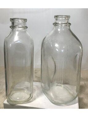 Clear Glass Milk Bottles Lot Of 2 Vintage Open Top